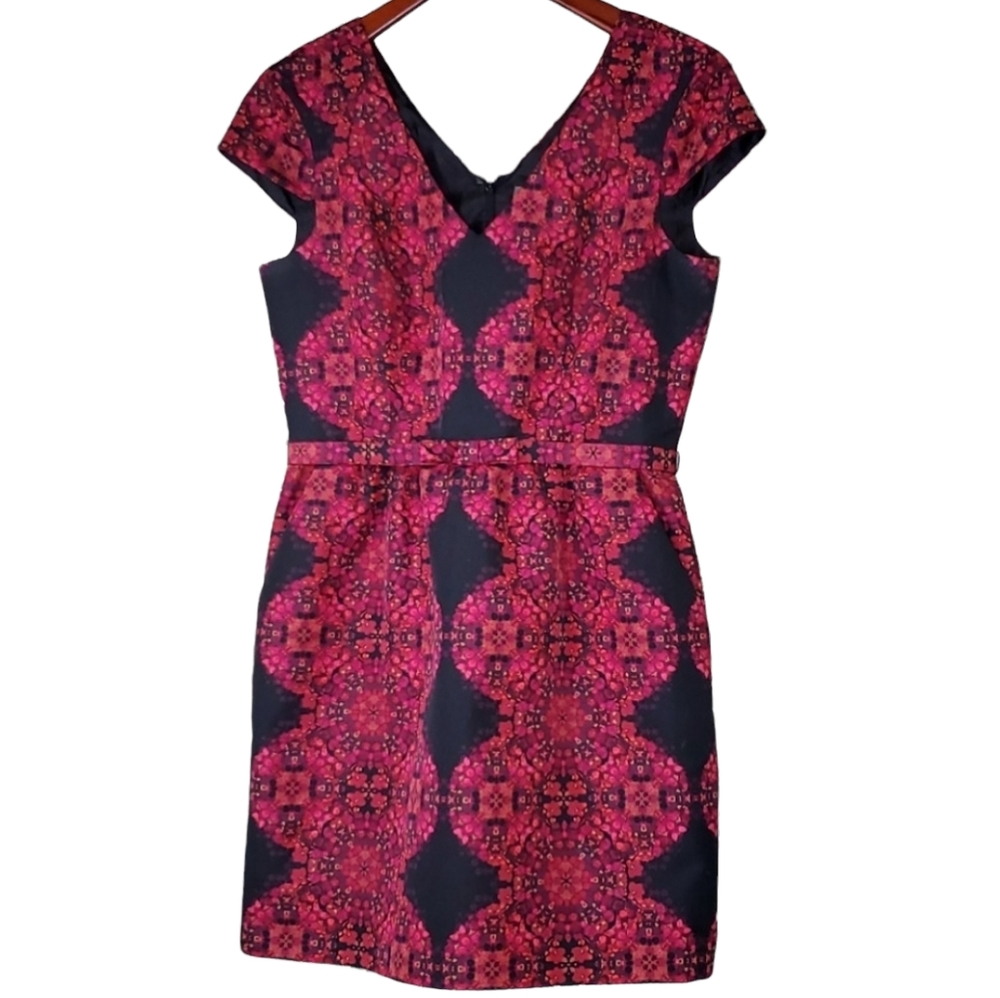 {Taylor} Red & Pink Design V-Neckline Belted Dress